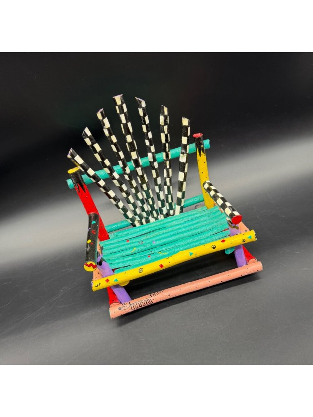 Folk Art Chair Doll Miniature Decor Signed Shelley Vibrant Quirky Twig Wood 90s
